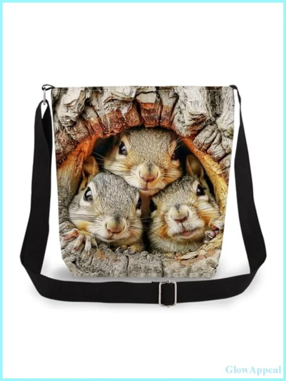 Polyester Messenger Crossbody Bag Squirrel Print Adjustable Strap